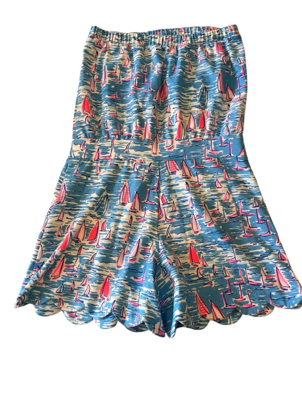 Lilly Pulitzer Strapless Sailboat Romper Blue Pink Scallop Hem Size Small